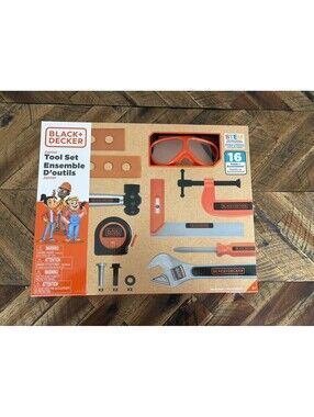 Black + Decker Junior Toy Tool Set Realistic Features includes Goggles 16-Pcs